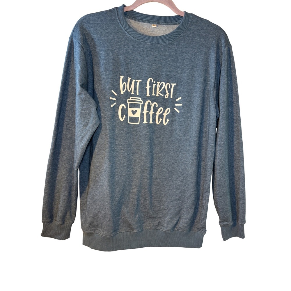 But First Coffee Graphic Sweatshirt Womens Medium Blue Heather Crewneck Pullover - Picture 1 of 7